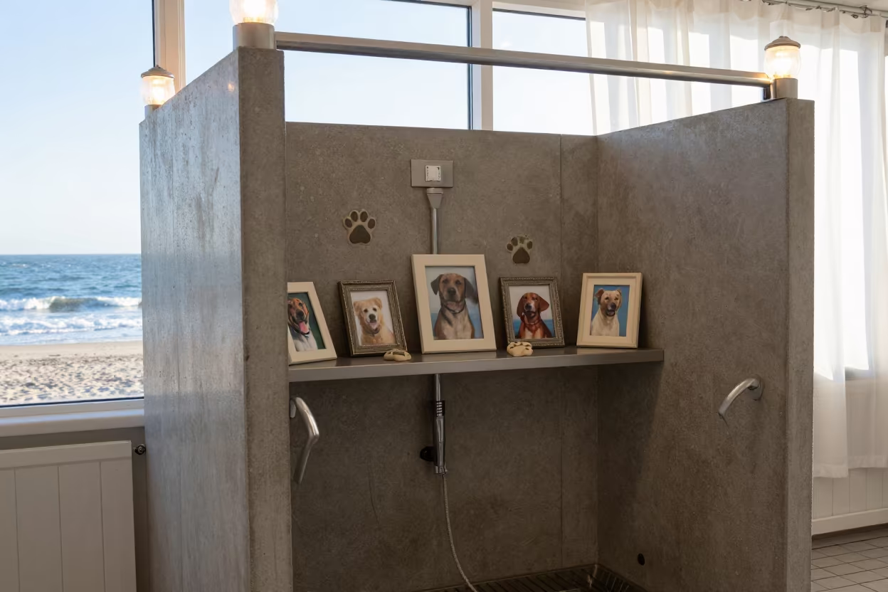 Memorial Shelf at Dog Wash with Ocean Doorway in at a self-serve dog wash station in Szczecin