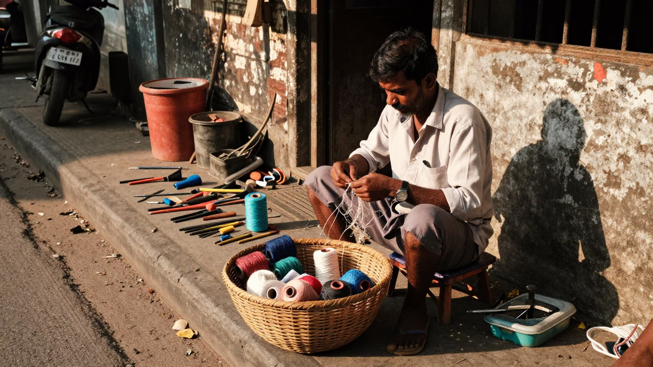 Mending Basket in Chennai at Clear Late-afternoon Light in in Chennai, India