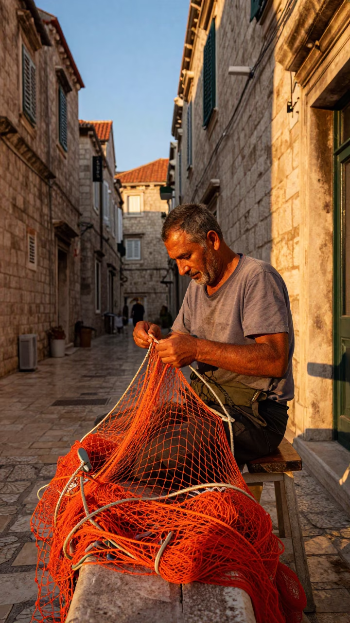 Mending Net in Dubrovnik in in Dubrovnik, Croatia