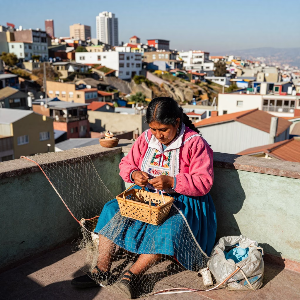 Mending Net in Valparaiso in in Valparaiso, Chile