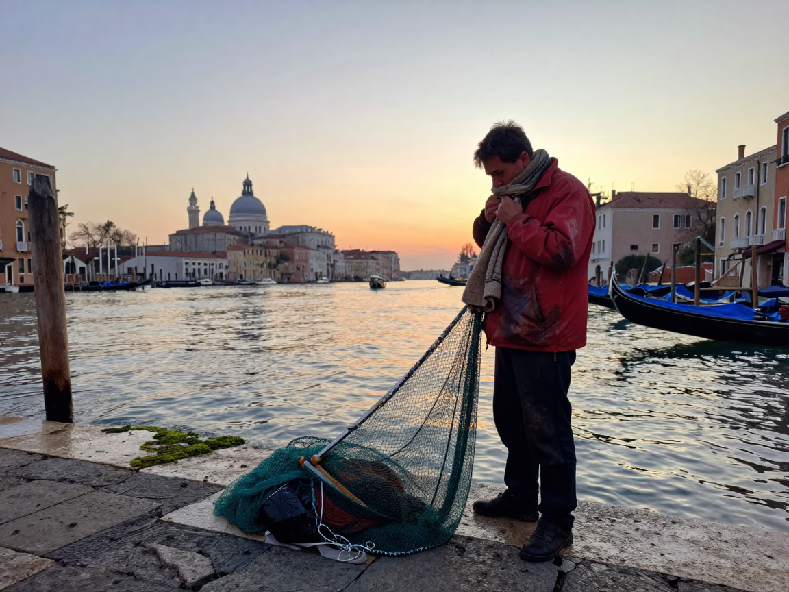 Mending Nets at Nautical Dawn Light in Venice in in Venice, Italy