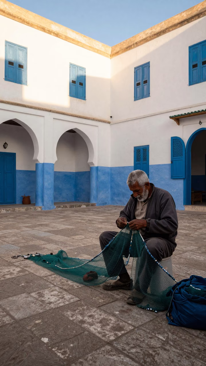 Mending Nets in Essaouira in in Essaouira, Morocco