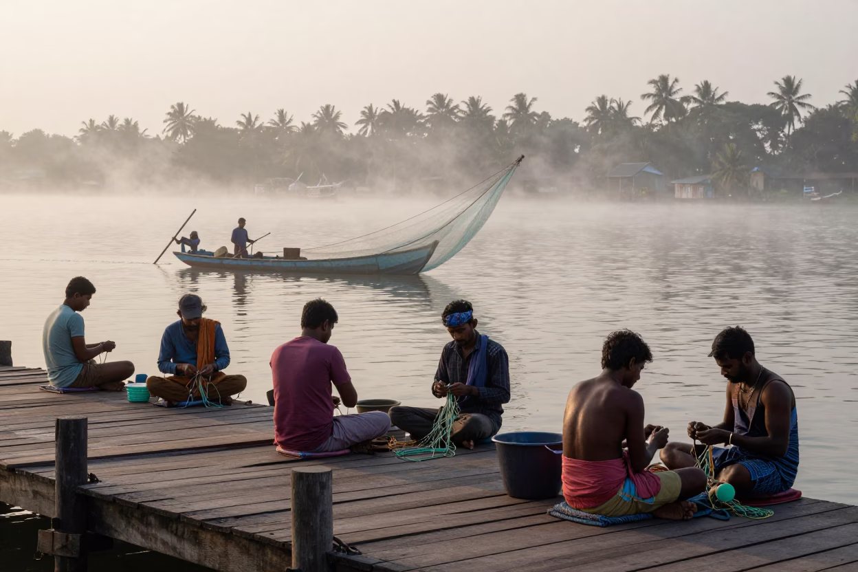 Mending Nets in Kochi at Sunrise Light in in Kochi, India
