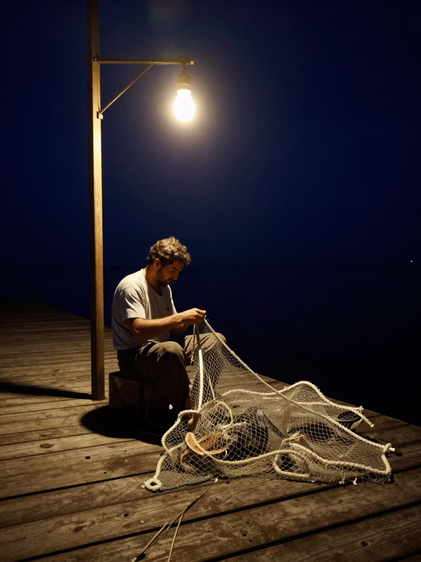 Mending Nets in Naples at Deep In The Night Light in in Naples, Italy