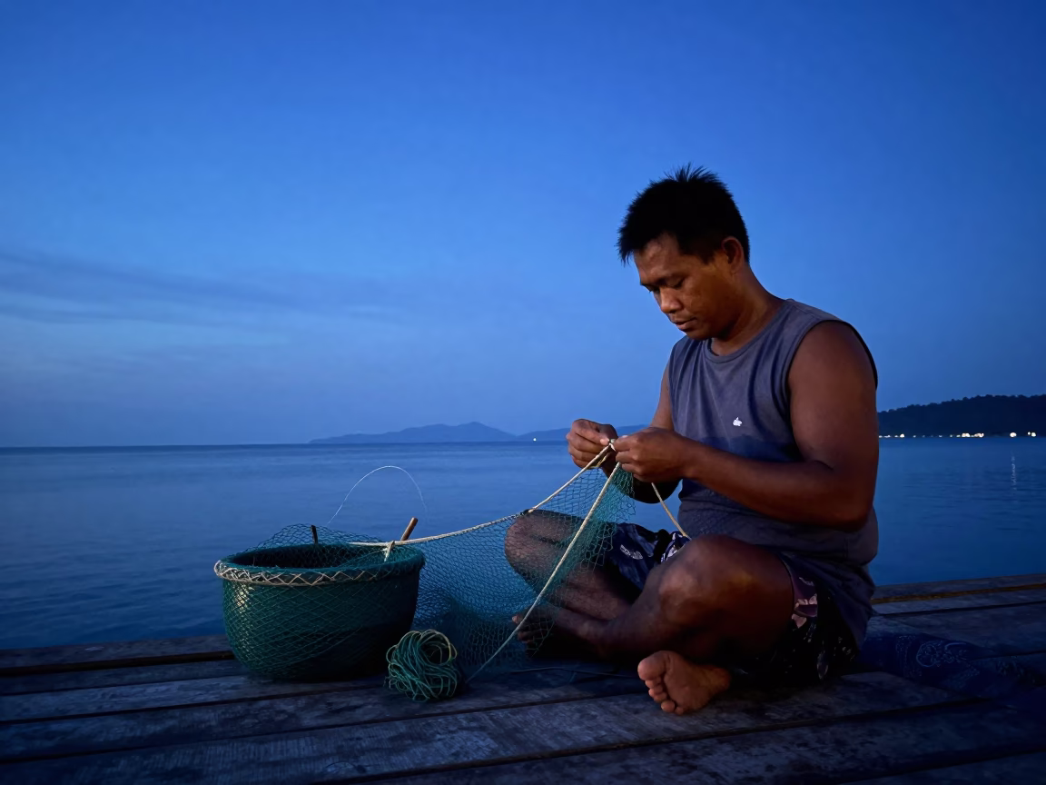 Mending Nets in Phuket at The Still Hours Before Dawn Light in in Phuket, Thailand