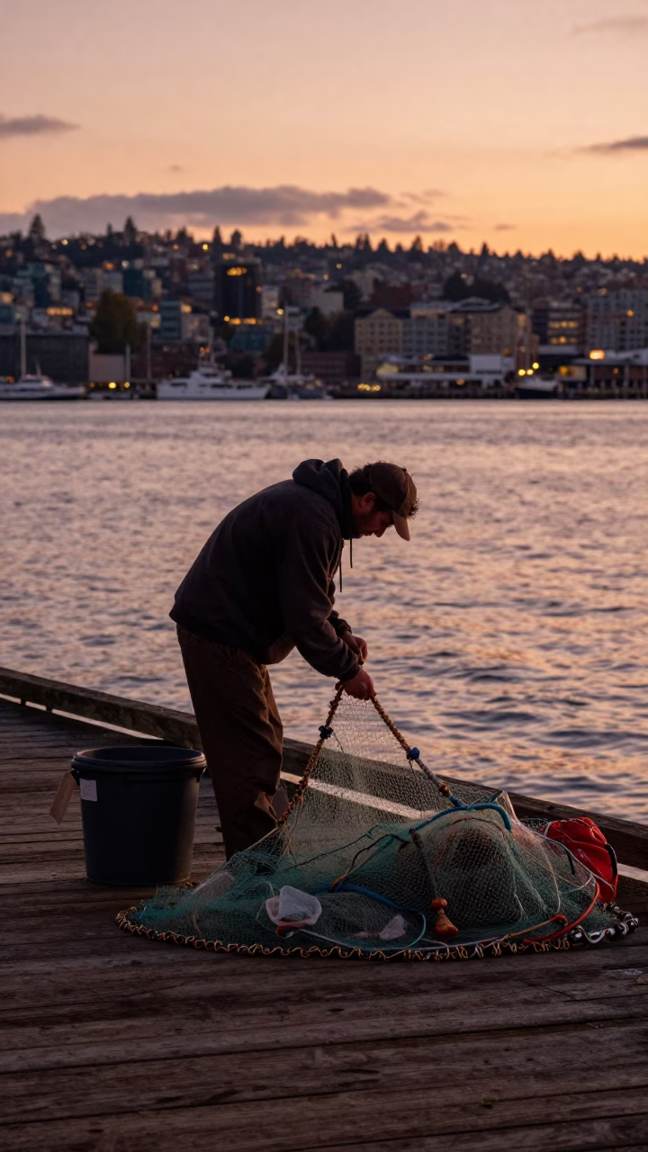 Mending Nets in Seattle at Copper-toned Light Before Dusk in in Seattle, Washington, United States