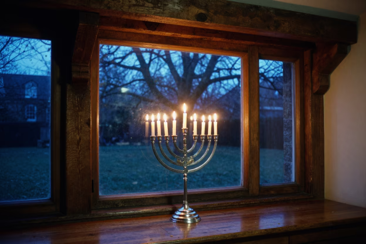 Menorah Lit in Cork Synagogue Window at Dusk in inside a timber synagogue hall in Cork