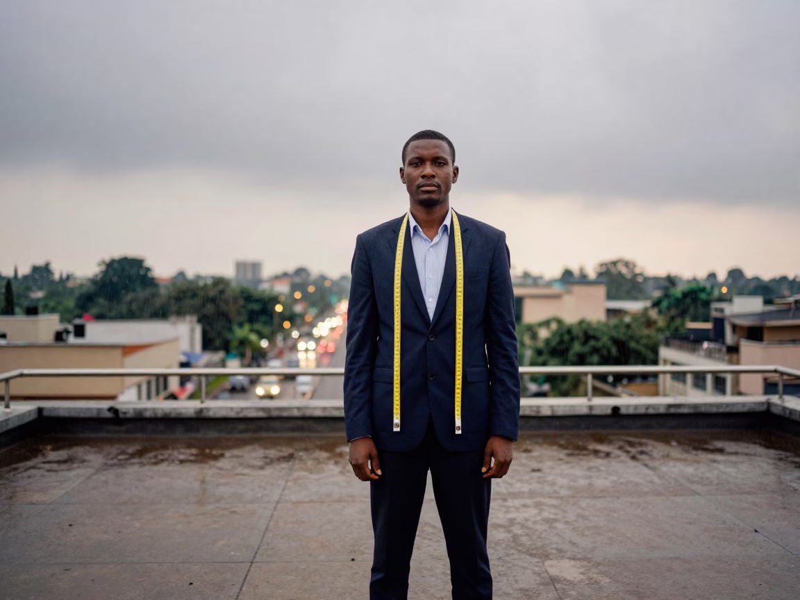Menswear Fitting on Abuja Rooftop After Rain in on a rooftop above evening traffic in Abuja