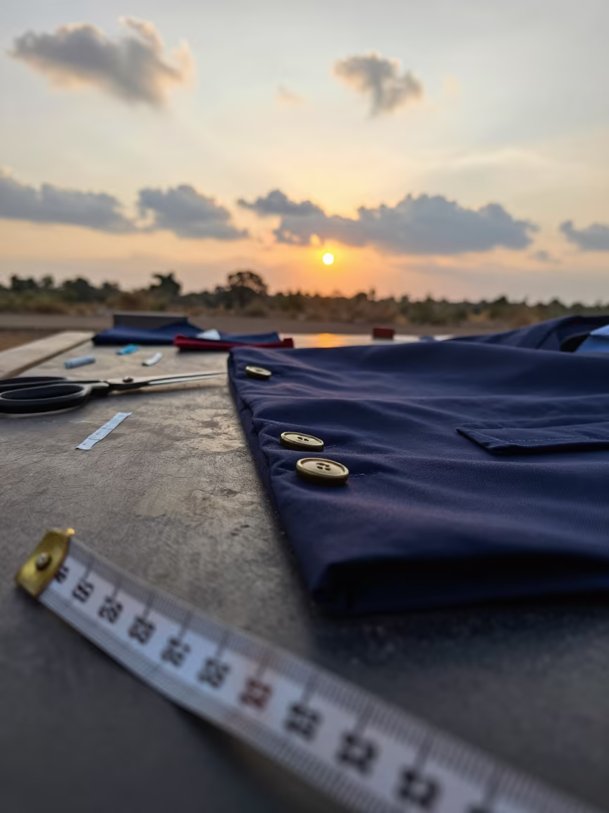 Menswear Rail at Port Harcourt Tailoring Table Sunset in at a tailoring table strewn with chalk and shears near Port Harcourt