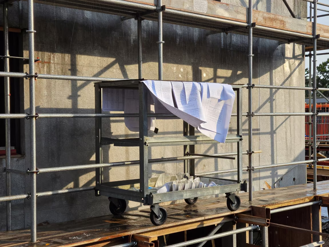 MEP Binder Cart on Scaffolded Facade in along a scaffolded facade in Kentucky