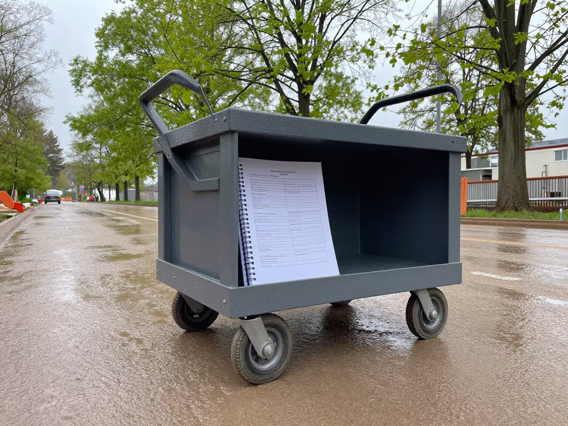MEP Turnover Binder Cart in Rain in at a muddy site access road near Stuttgart