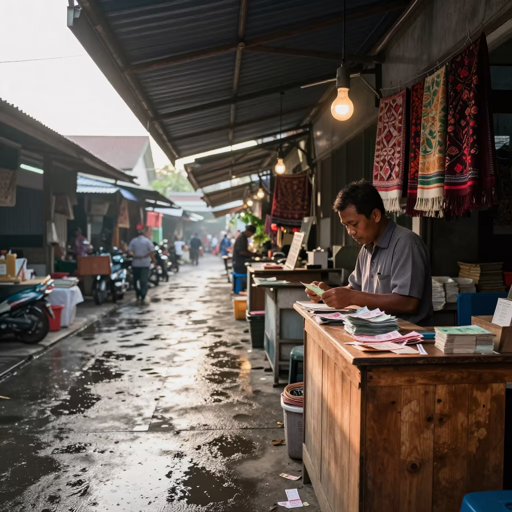 Merchant Counting Notes in Bandung Bazaar Morning in in a covered bazaar aisle in Bandung