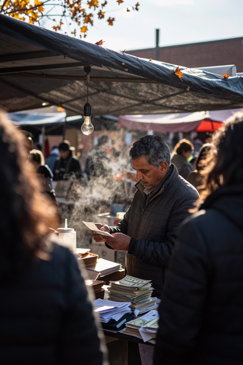 Merchant Counting Notes Under Bazaar Bulb in at a market stall in Louisville