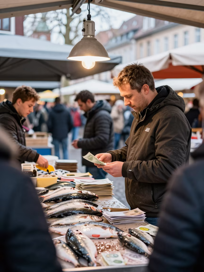 Merchant Counting Notes Under Bulb in Bamberg Fish Market in beside a fish counter in Bamberg