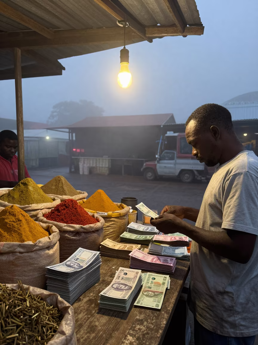 Merchant Counting Notes Under Swinging Bulb in Port Vila Bazaar in at a spice vendor's table in Port Vila