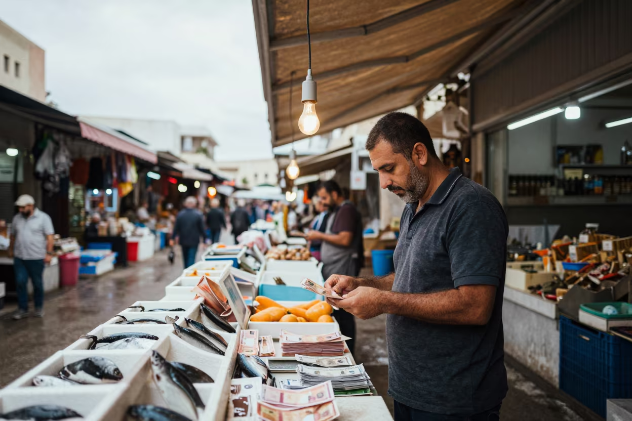 Merchant Counts Notes Under Bulb at Fish Counter in beside a fish counter in Rehovot