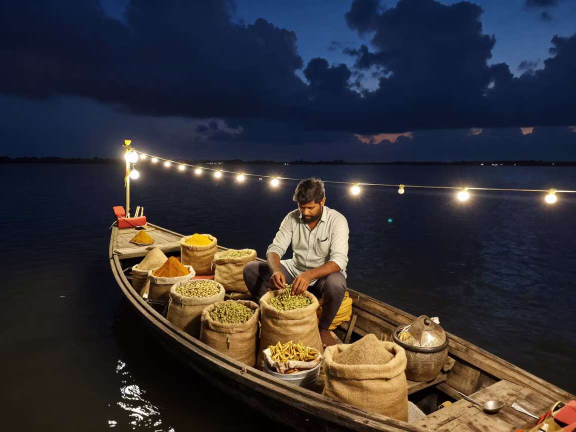 Merchant Scooping Cardamom Pods at Night Market in at a floating market boat in Musturud