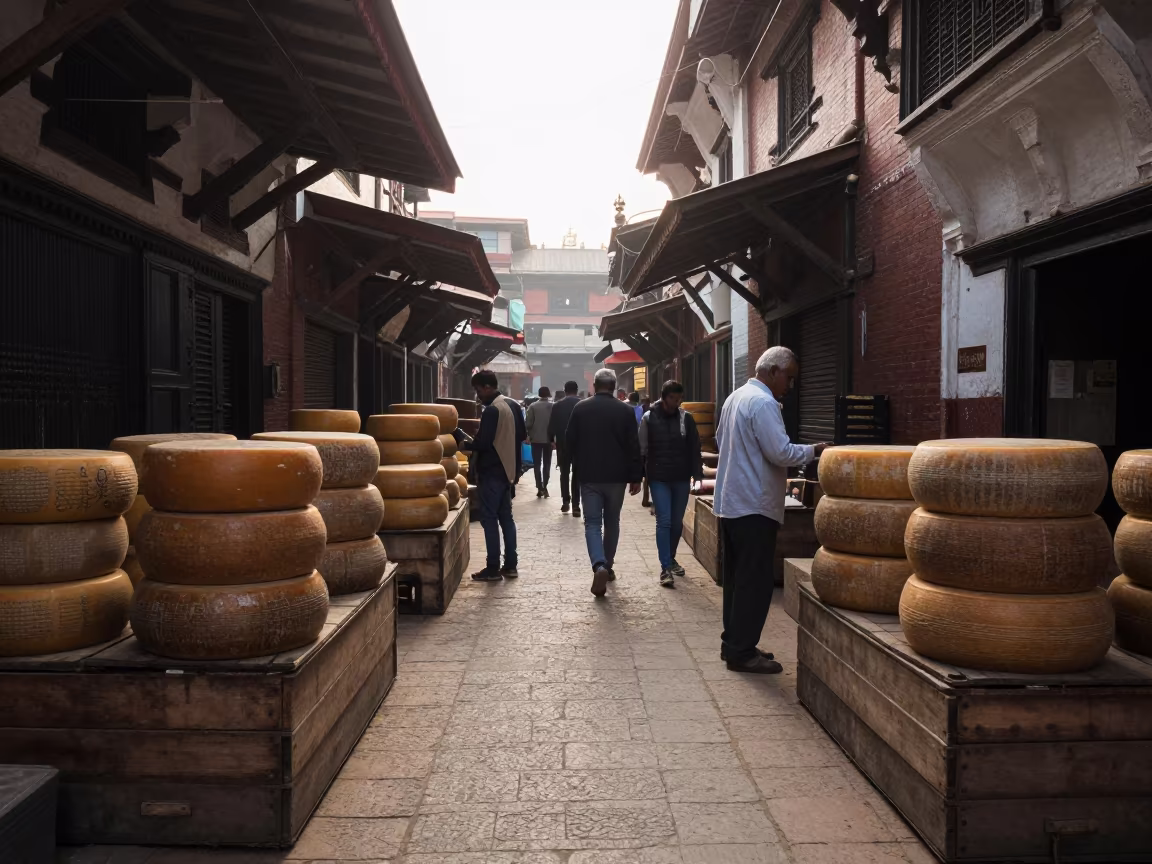 Merchant Stacking Aged Parmesan Wheels in Kathmandu Bazaar in in a covered bazaar aisle in Kathmandu