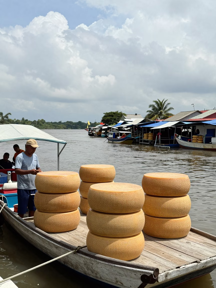 Merchant Stacking Parmesan Wheels on River Boat in at a floating market boat in Ciudad Guayana