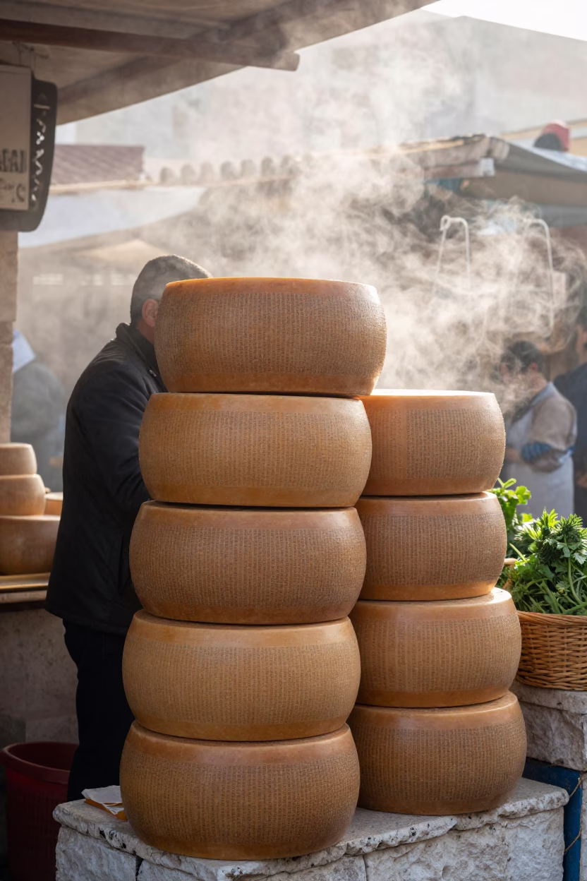 Merchant Stacks Parmesan Wheels in Nador Stall in at a market stall in Nador