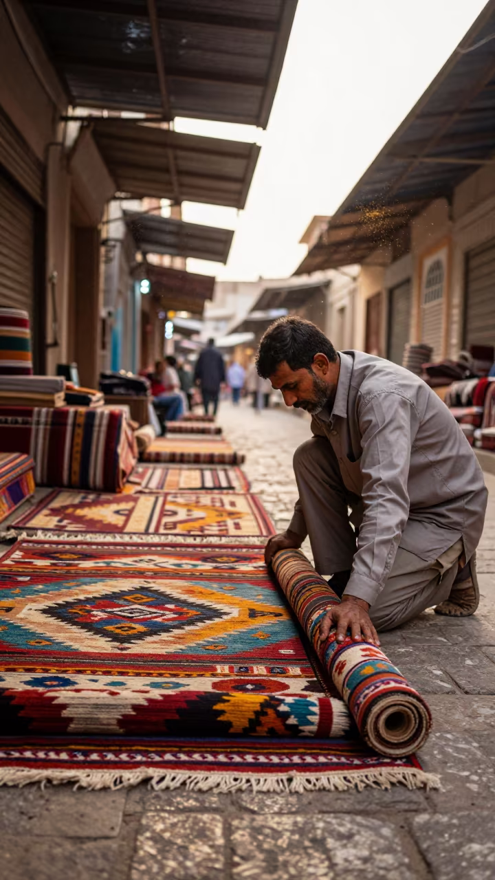 Merchant Unrolling Kilims in Bhilai Bazaar in in a covered bazaar aisle in Bhilai