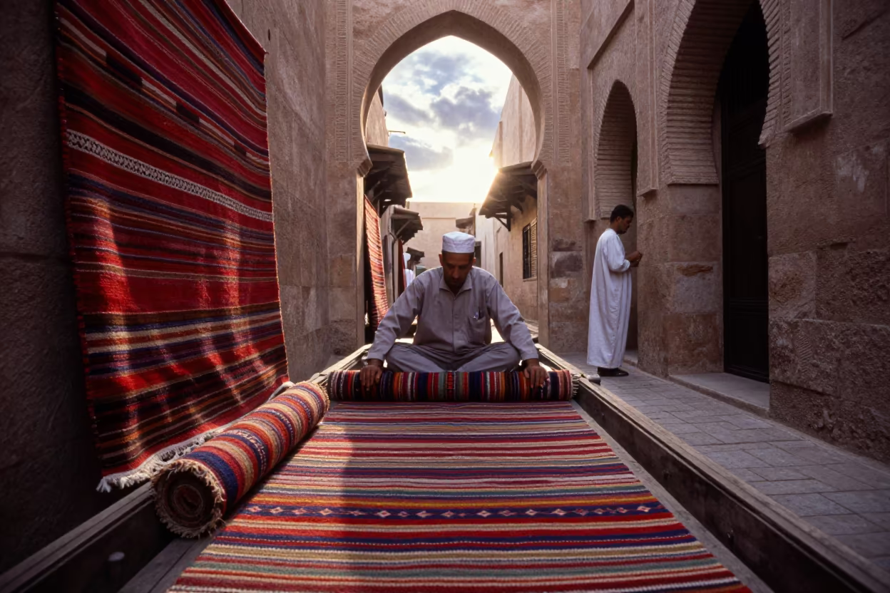 Merchant Unrolls Kilims on Souk Boat at Dawn in at a floating market boat in Souks, Marrakech