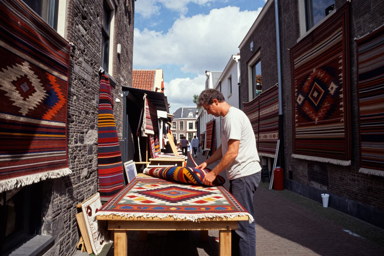 Merchant Unrolls Kilims in Zoetermeer Market Lane in in a flea market lane in Zoetermeer