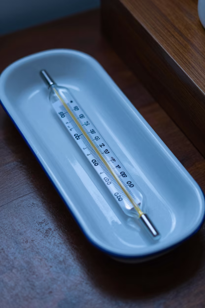Mercury Thermometer on Enamel Tray at Twilight in on a bedside table near Yola