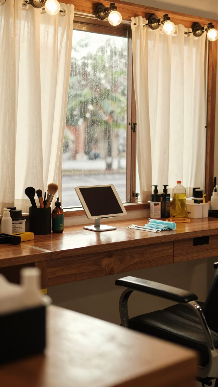 Merida Barber Station Before Sunrise Rain in at a barber station beneath mirror bulbs in Merida