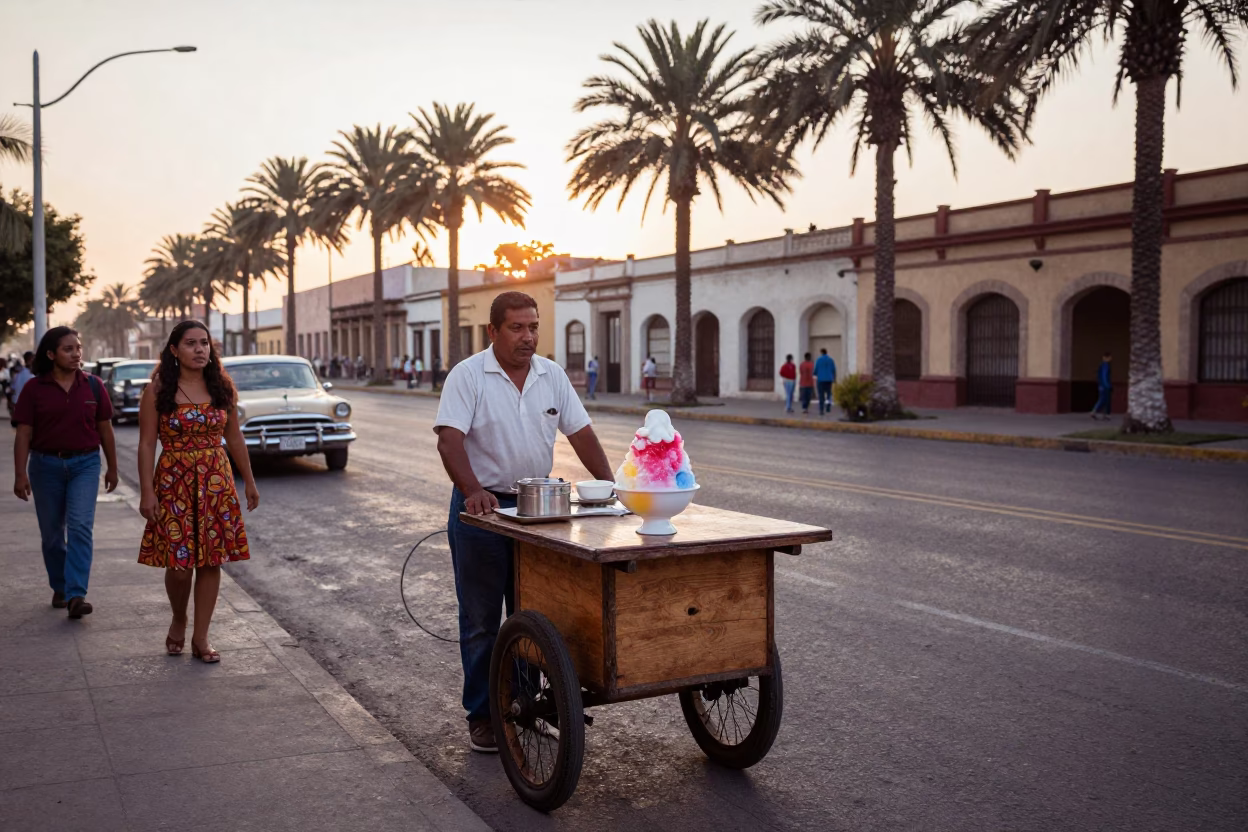 Merida Mexico 1960s Street Scene with Shaved Ice Vendor and Palm Tree Avenue in in Merida, Mexico