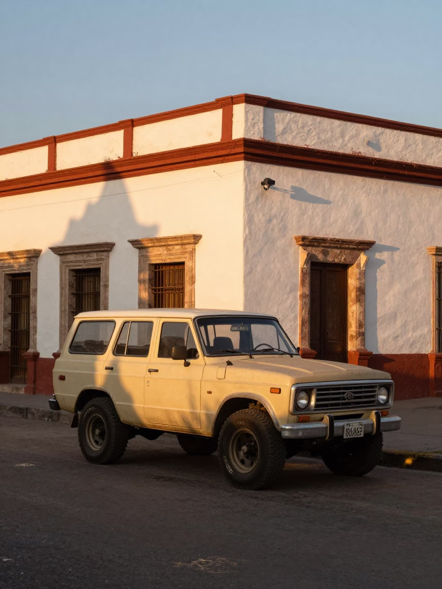 Merida Mexico 1970s Evening Street Scene with Vintage SUV and Local Life in in Merida, Mexico