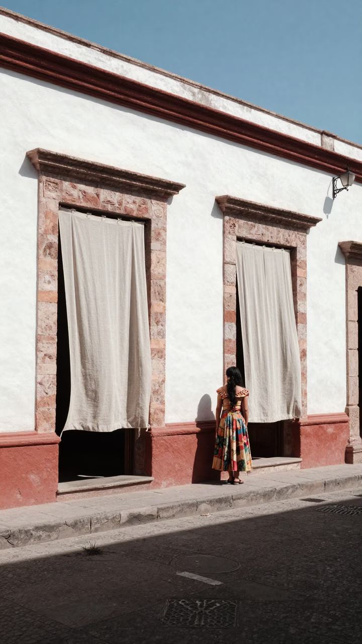 Merida Mexico 1970s Midmorning Street Scene with Linen Curtains and Brushed Steel Chair in in Merida, Mexico
