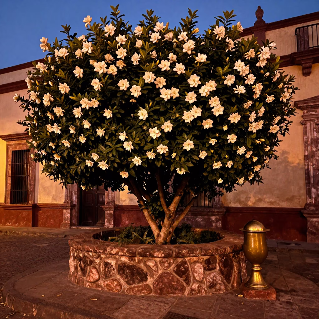 Merida Mexico before dusk copper light gardenia bush and brass basin in in Merida, Mexico