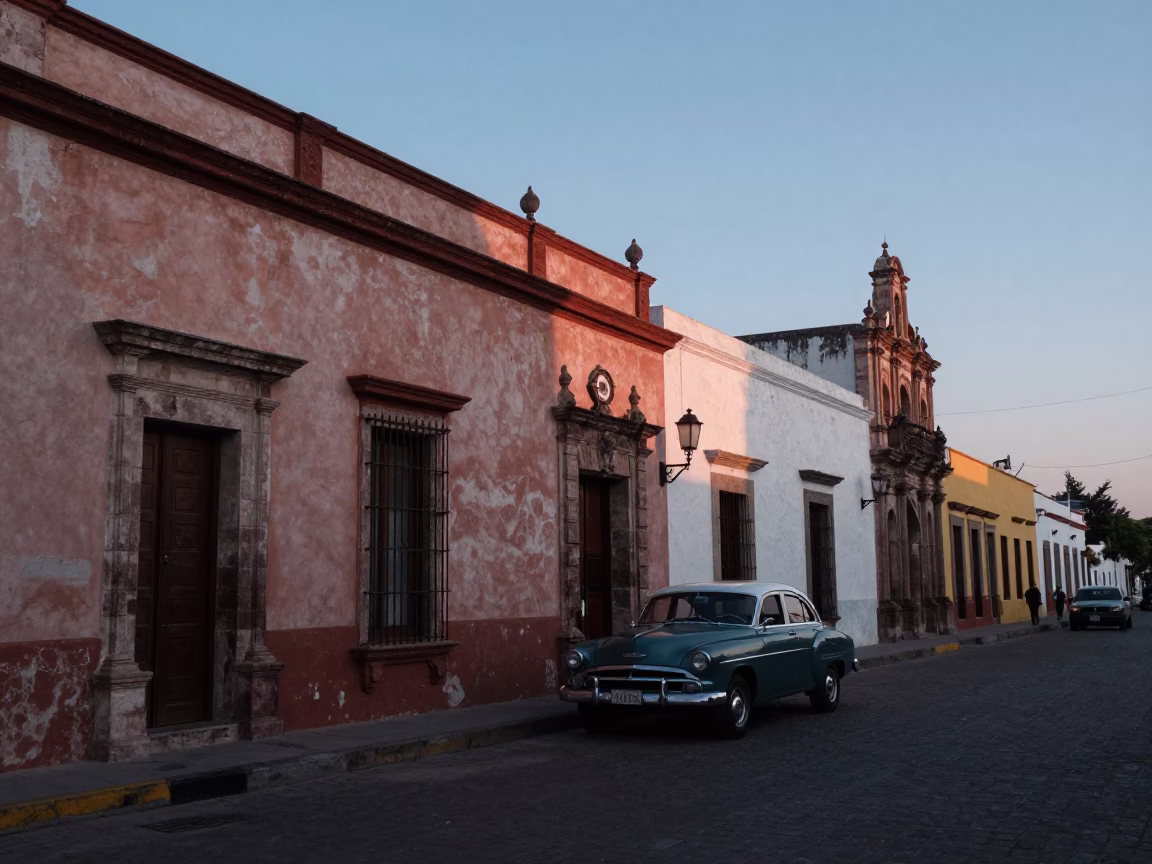 Merida Mexico before sunrise street scene with vintage 1970s architecture and morning light in in Merida, Mexico