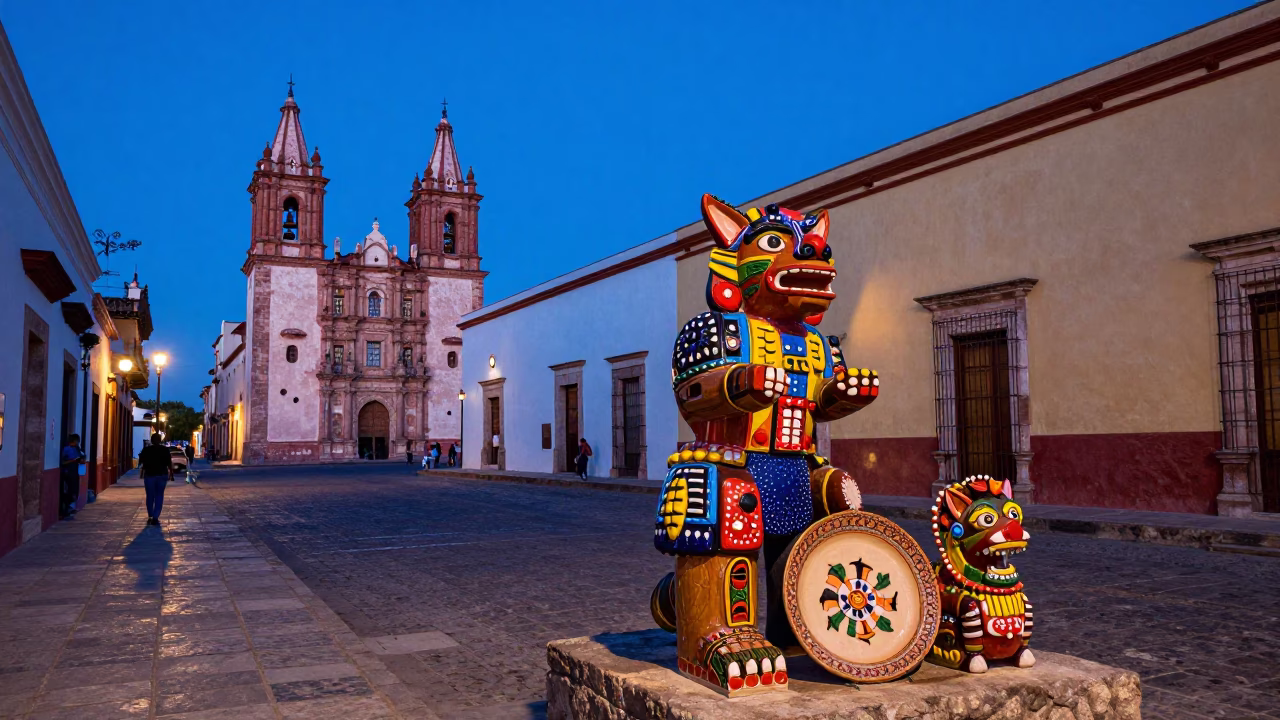 Merida Mexico Blue Hour Street Scene With Alebrijes Carver And Ceramic Plate in in Merida, Mexico