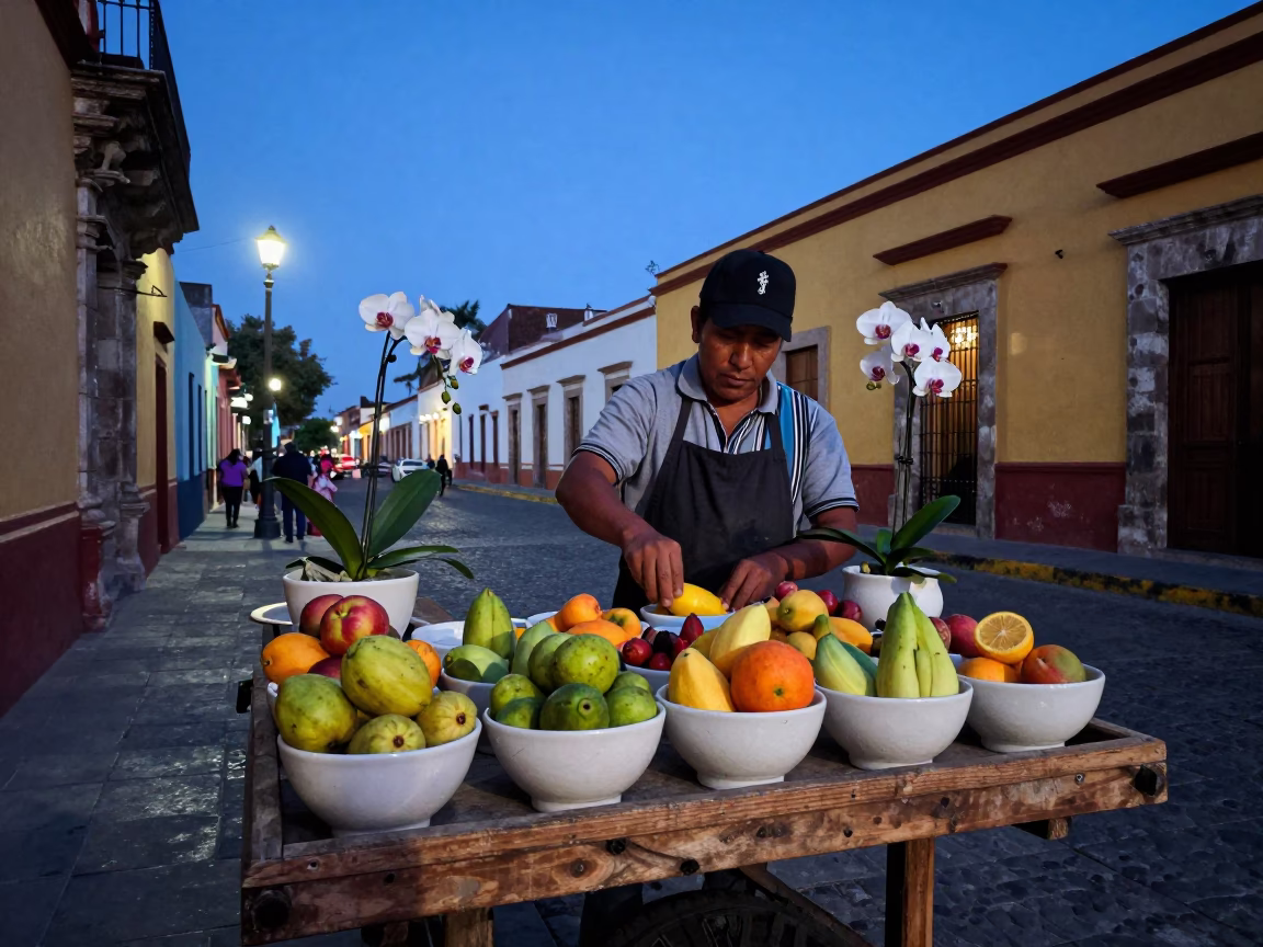 Merida Mexico Blue Hour Street Scene with Ceramic Bowls and Vanilla Orchid in in Merida, Mexico