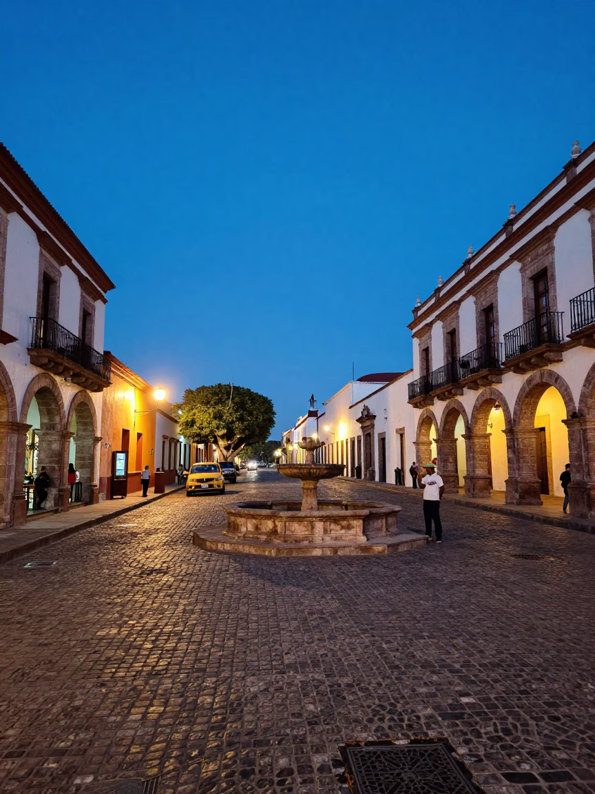 Merida Mexico Blue Hour Street Scene with Colonial Architecture and Local Life in in Merida, Mexico