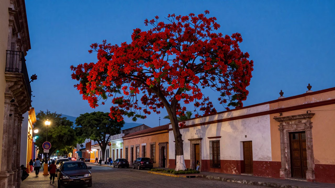 Merida Mexico Blue Hour Street Scene with Flame Tree Bloom and Local Vendor in in Merida, Mexico