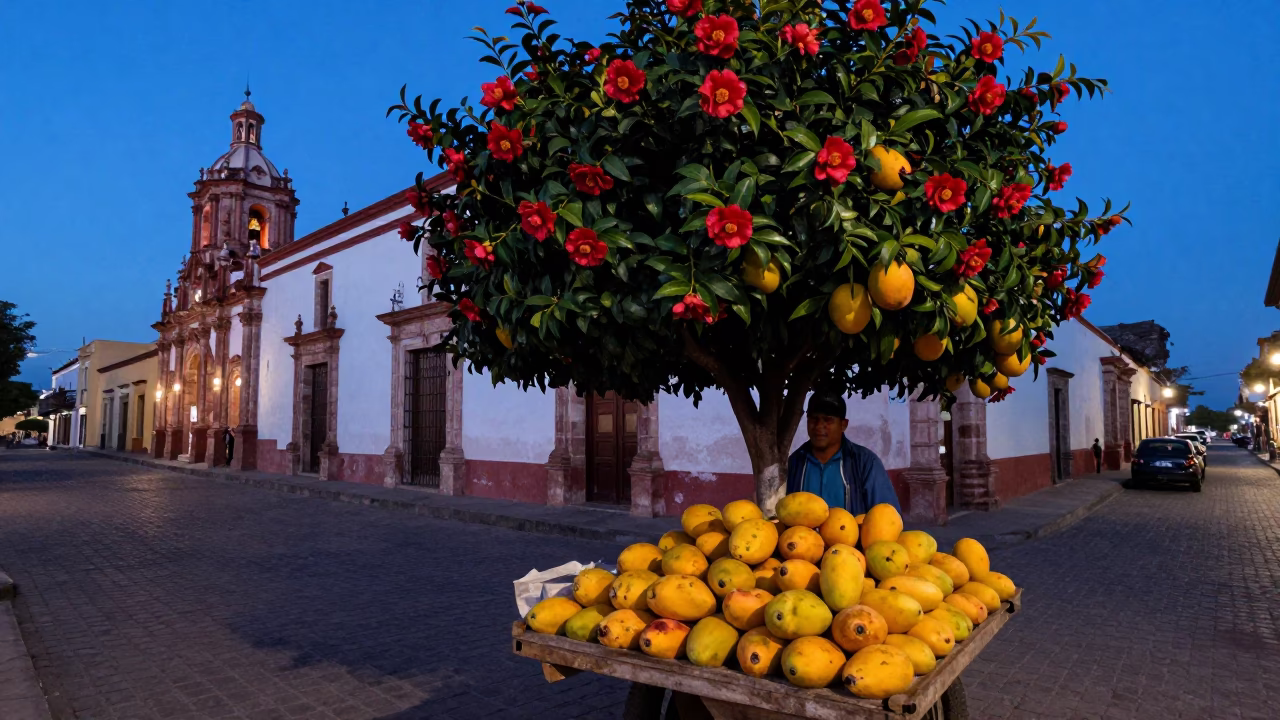 Merida Mexico Blue Hour Street Scene with Red Camellias and Mangoes in in Merida, Mexico