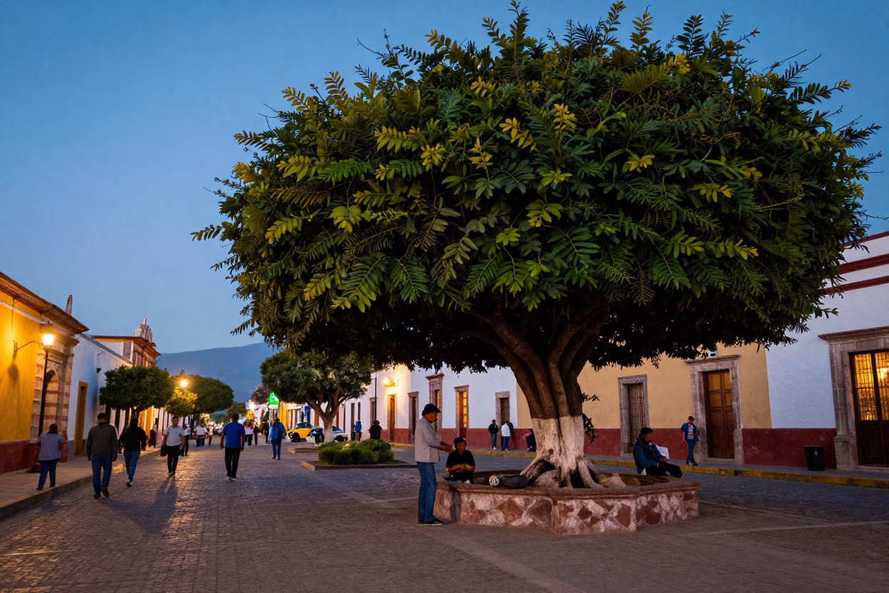 Merida Mexico Blue Hour Street Scene with Strangler Fig and Local Interaction in in Merida, Mexico