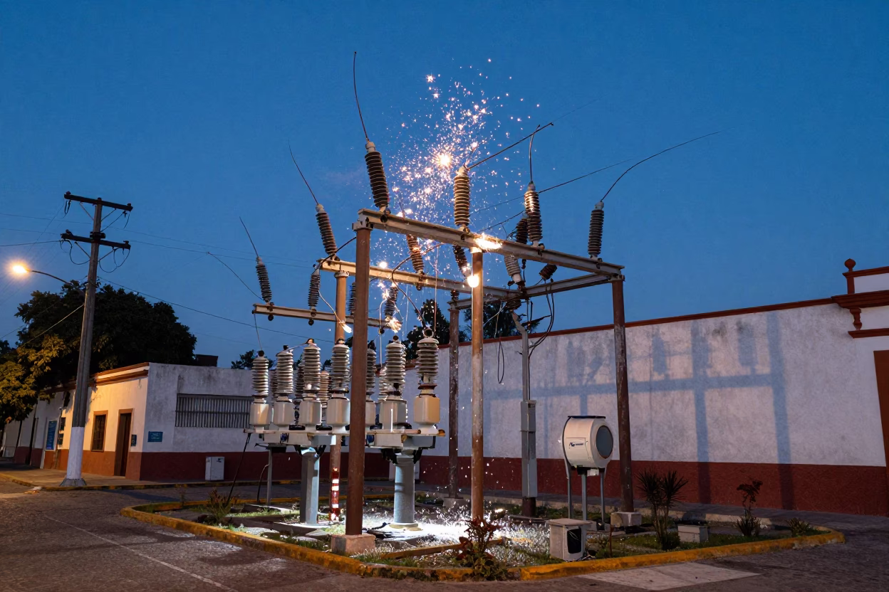 Merida Mexico Blue Hour Street Scene With Substation Insulators Sparkling Under Floodlights in in Merida, Mexico