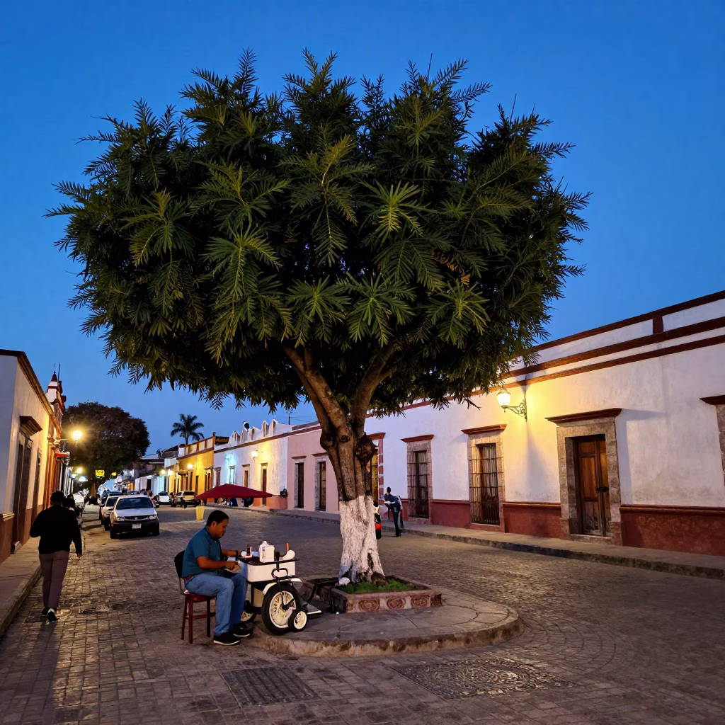 Merida Mexico Blue Hour Street Scene with Tamarind Tree and Local Vendor in in Merida, Mexico