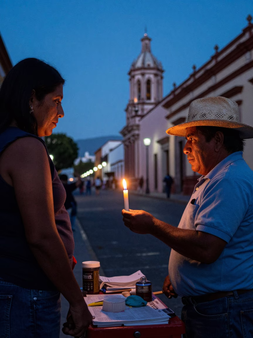 Merida Mexico Blue Hour Street Scene with Taper Candle and Local Interaction in in Merida, Mexico
