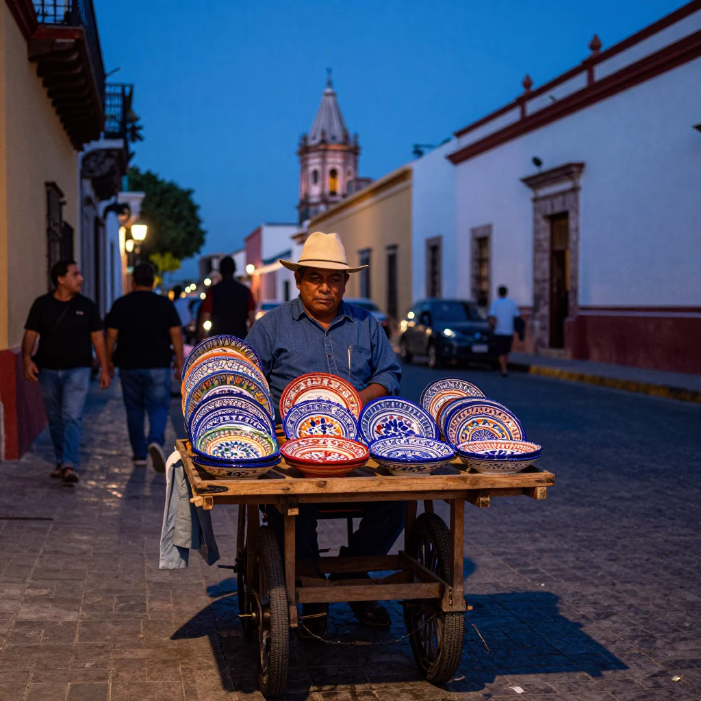 Merida Mexico Blue Hour Street Scene with Vendor and Majolica Plates in in Merida, Mexico