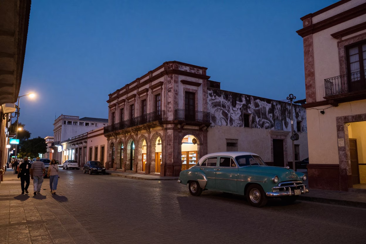Merida Mexico Blue Hour Street Scene with Vintage 1960s Architecture and Local Life in in Merida, Mexico