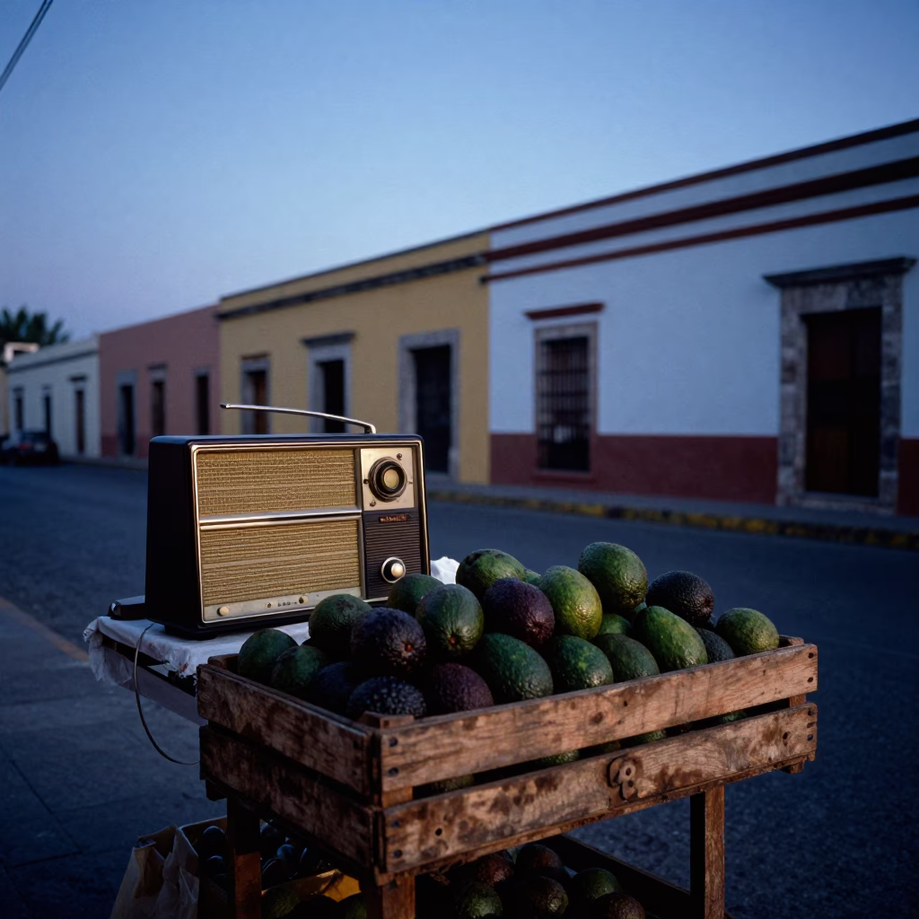 Merida Mexico Blue Hour Street Scene with Vintage Radio and Avocados in in Merida, Mexico