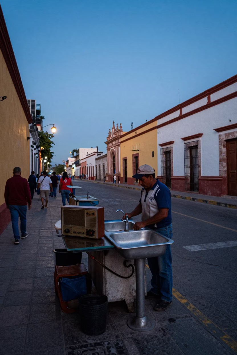 Merida Mexico Blue Hour Street Scene with Vintage Radio and Sink in in Merida, Mexico