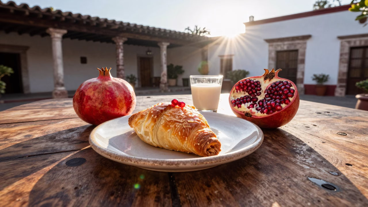 Merida Mexico Breakfast Table with Pomegranate and Plate at Sunrise in in Merida, Mexico