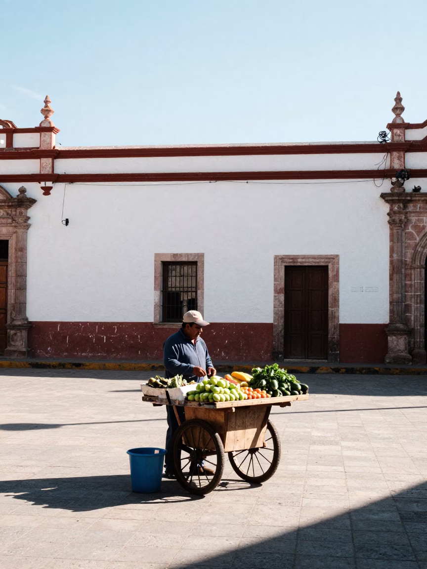 Merida Mexico Bright Midmorning Street Scene With Local Vendor And Sage Leaves in in Merida, Mexico