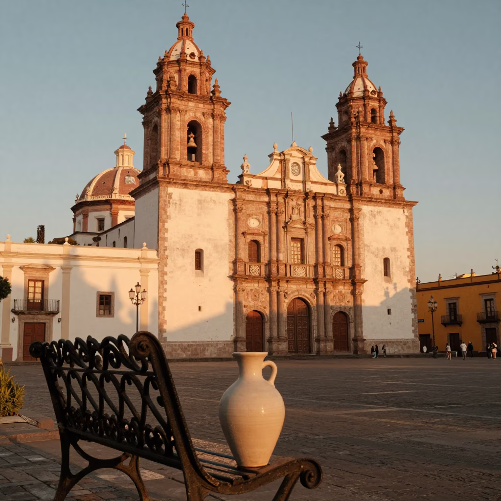 Merida Mexico Cathedral Plaza at Dusk with Vase and Street Life in in Merida, Mexico